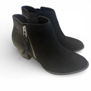 Vionic Anne Black Leather Ankle Boots Women's 7 Orthotic Side Zip Snake Heel